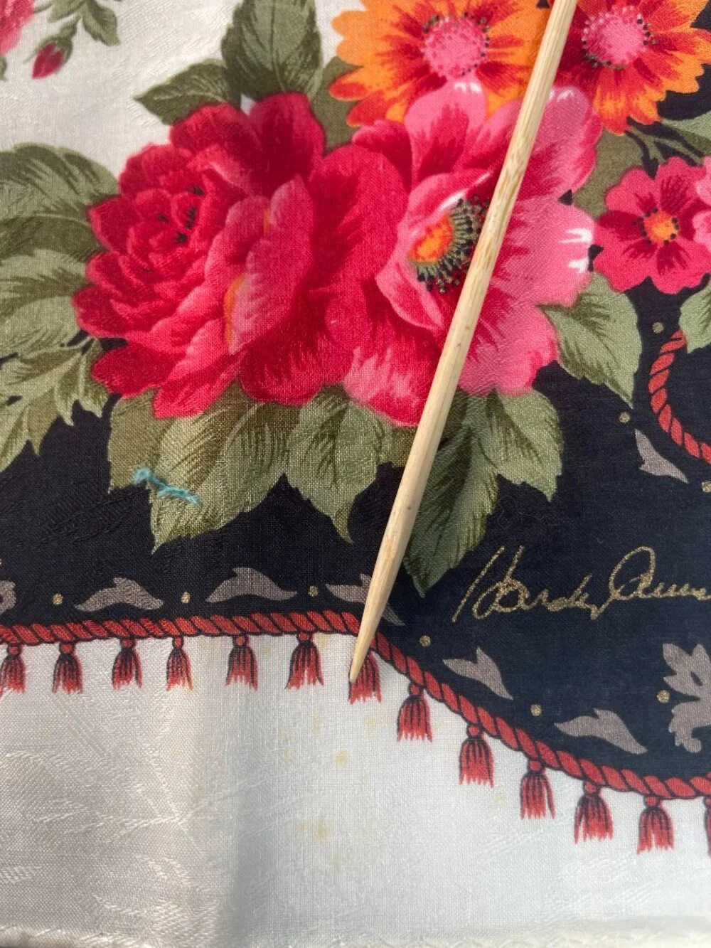 NWT Hardy Amies Vintage Floral Cotton Scarf Roses Tassel Border